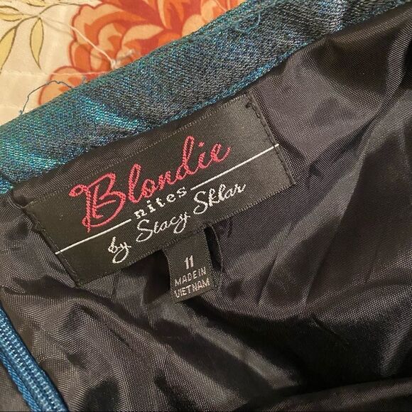 Blondie Nites A-Line Dress Junior Cage-Back Pleated Metallic Blue 11 - Picture 7 of 9